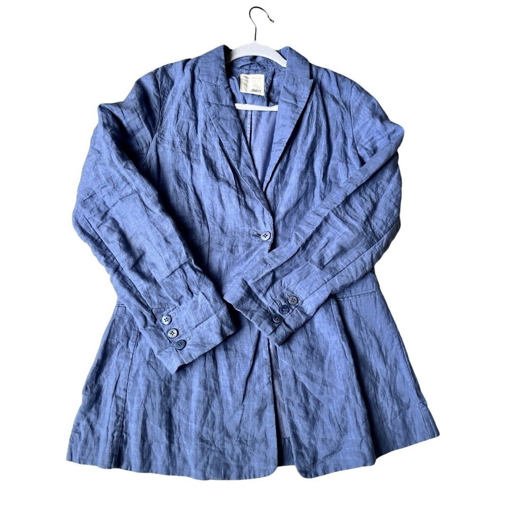 Women's JBNY Designer Fitted One Button Blue Linen Blazer Jacket Size Small